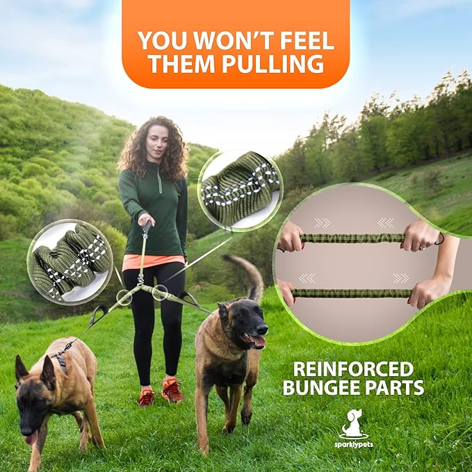 SparklyPets Double Dog Leash for 2 Dogs – Rope Bungee Dual Leash for Medium and Large Breeds with Padded Handles & Tangle Free (Green Range, Medium/Large)