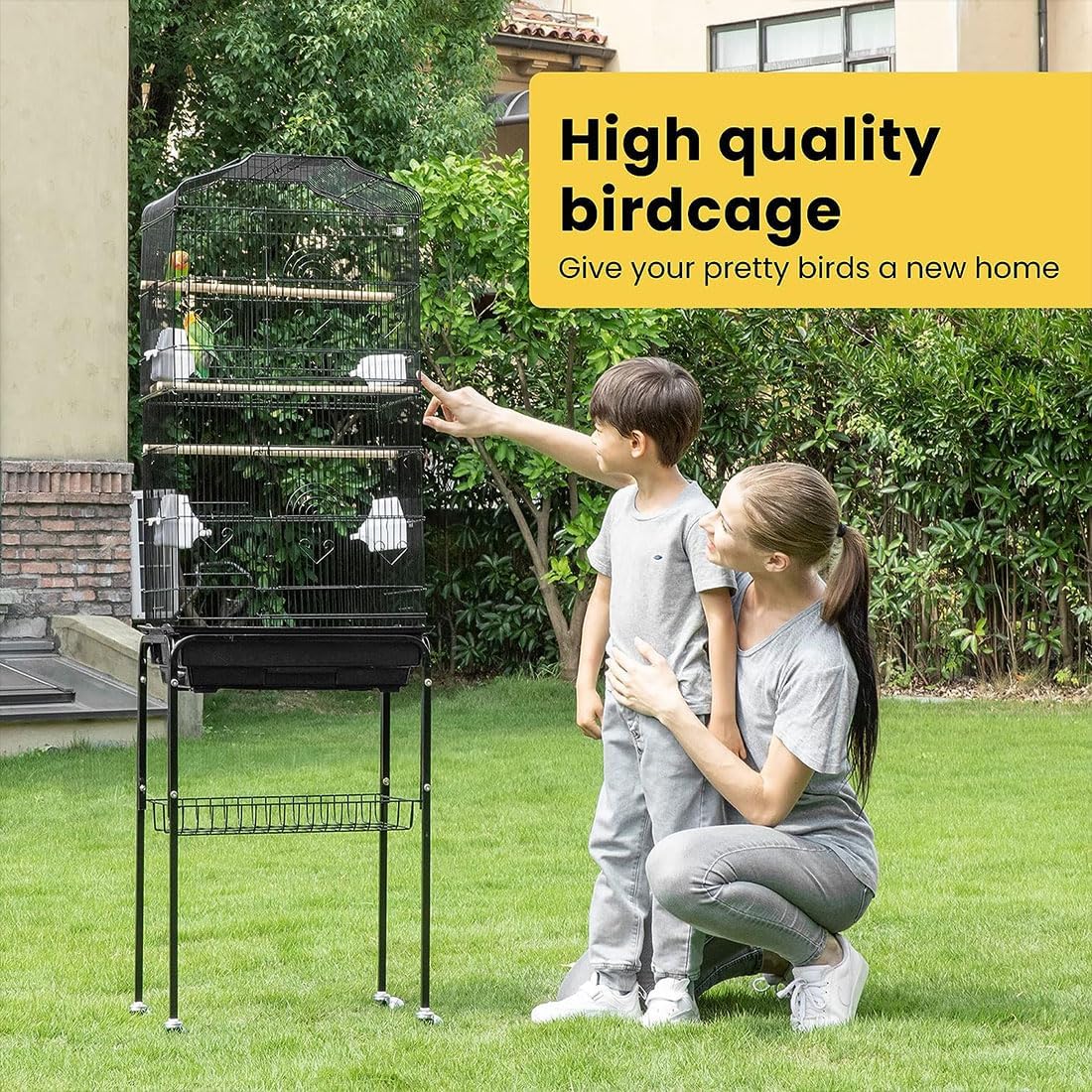 VIVOHOME 64 Inch Bird Cage with Play Top and Rolling Stand for Parrots Conures Lovebird Cockatiel Parakeets Black