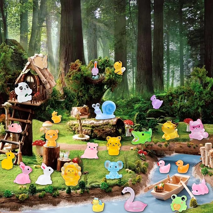 52Pcs Luminous Mini Resin Animals 52 Styles Miniature Glow in the Dark Resin Animal Figures to Hide Tiny Small Little Ducks Turtles Dinosaurs and Frogs for Micro Landscape Dollhouse Fairy Garden Decor