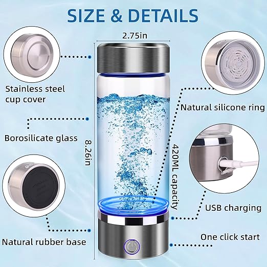 Hydrogen Water Bottle Generator Portable Glass Health Cup Hydrogen Rich Water Ion Machine with SPE PEM Tech Water Ionizer, Hydrogen Water Machine Improve Water for Home, Office, Travel, Daily Drinking