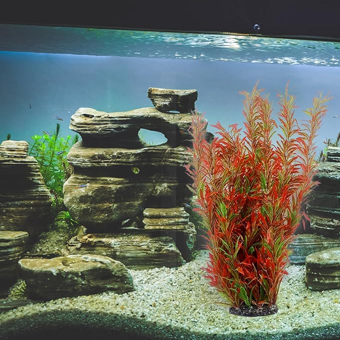 kathson Artificial Aquarium Plant Decorations,23.62 Inches Large Plastic Fish Tank Plants Tall Realistic Aquarium Accessories for Freshwater and Saltwater(Wine and Green,2 Pcs)