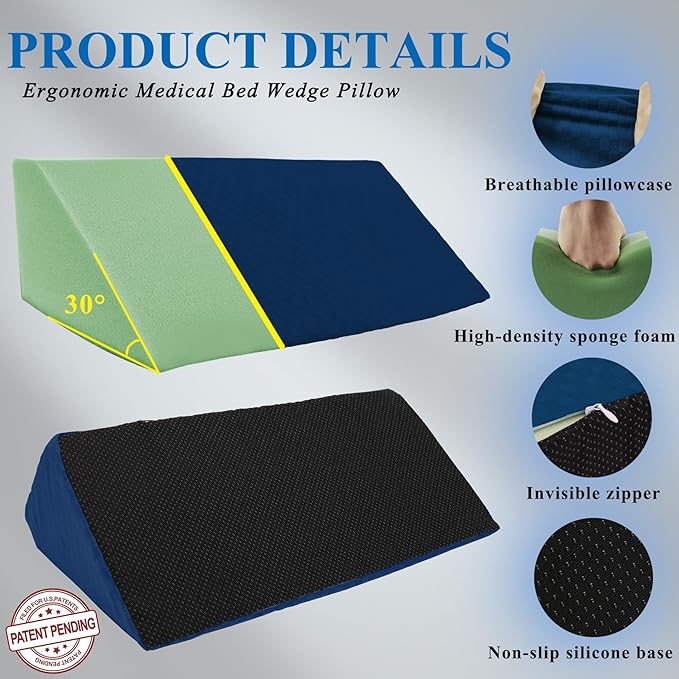 Bed Wedge Pillow for Side Sleeping Sponge Filled Body Positioning Triangle Pillow Suitable for Pregnancy and Surgery Prevent Bed Sore for Leg and Back Support with Pillow Case (Dark Blue)