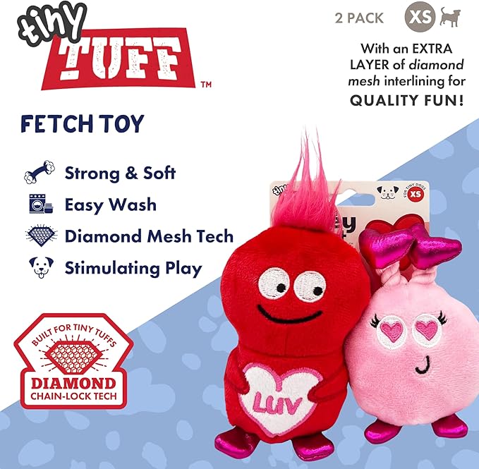 Huxley & Kent Tiny Tuff | Love Bugs | Valentine's Day Extra Tough Dog Toy for Small Dogs | 2-Pack Funny Dog Toy | Features Squeaker, Crinkle | Machine Washable