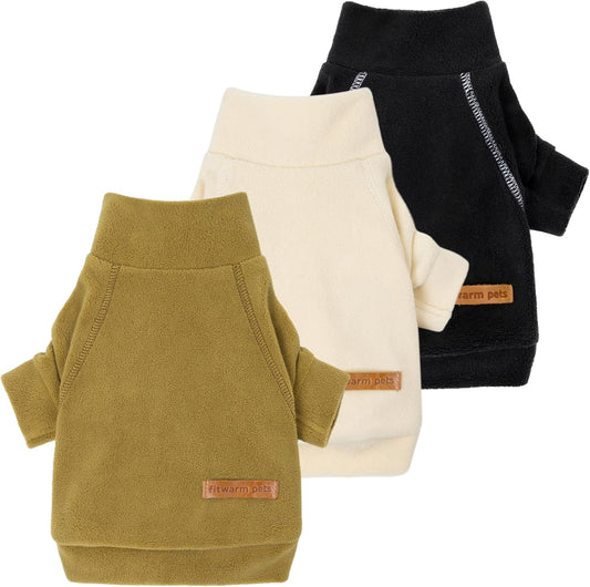 Fitwarm 3 Pack Classic Fleece Dog Sweater, Winter Clothes for Small Dogs Boy Girl, Turtleneck Dog Sweatshirt, Pet Pullover Jumper, Cat Apparel, Black, Olive Green, Cream, Small