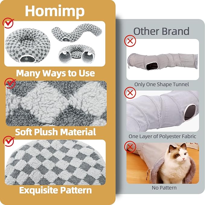 Homimp Cat Tunnel Bed with Central Mat, Large Tube Playground with Plush Ball Toy, Peekaboo Cat Cave with Washable Circle Cushion for Indoor Cats, Pop Up Bed HidePlace for Kitten Puppy Rabbit, Grey