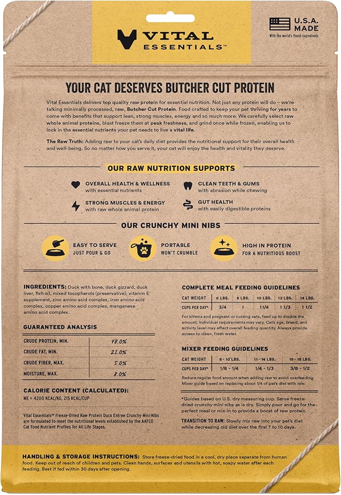 Vital Essentials Freeze-Dried Raw Duck Meal or Mixer Cat Food Crunchy Nibs, 12 oz