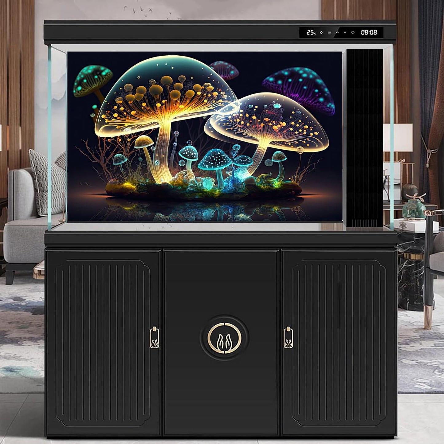 Mushroom Aquarium Background Abstract Glowing Fantasy Mushrooms Terrarium Background Mysterious Forest Magical Night In Circle Shape Crystal Glass Fish Tank Backdrop Decorations Vinyl 30x18in