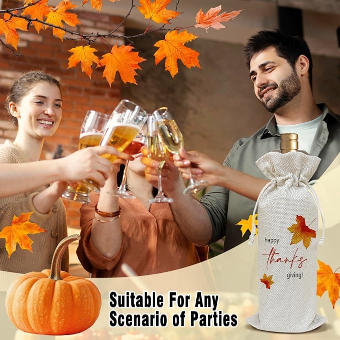 Wine Canvas Bag, Thanksgiving Wine Gift Bag, Thanksgiving Gifts for Women Men Friends Autumn Harvest Party Wine Bags for Wine Bottles, Wine Gifts With Drawstring Holiday Fall Party Decoration -WB34