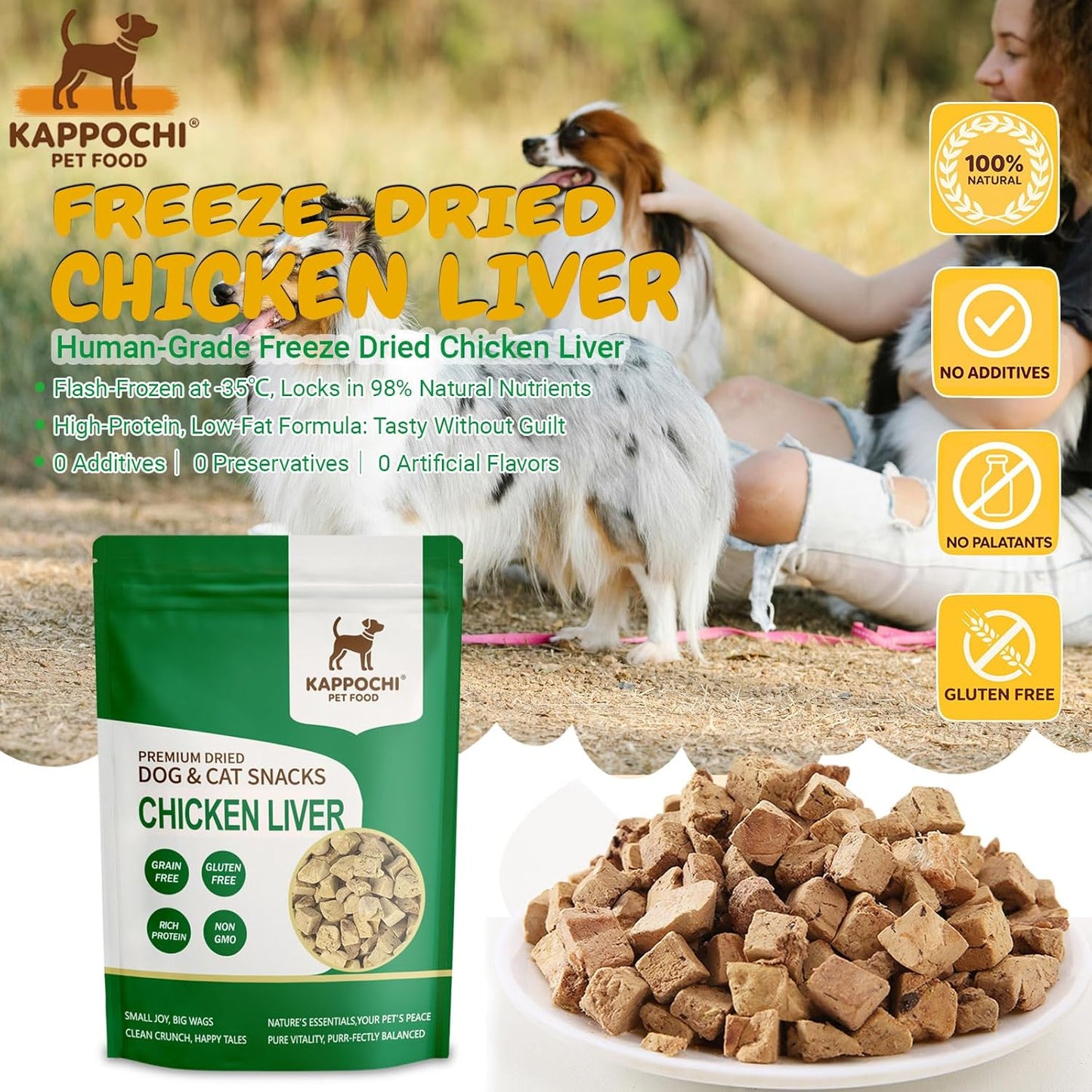 Freeze-Dried Chicken Liver Dog Treats, 3.5oz(100.0g), Single Ingredient, High Protein Training Treats, Natural & Raw, No Additives, Grain Free, Gluten Free