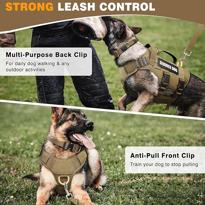 WINSEE Tactical Dog Harness with Dog Leash, Dog Collar, Service Working MOLLE Vest with 10 Pet Patches for Medium Dog, No Pull Military Harness and Backpack with Airtag Holdler