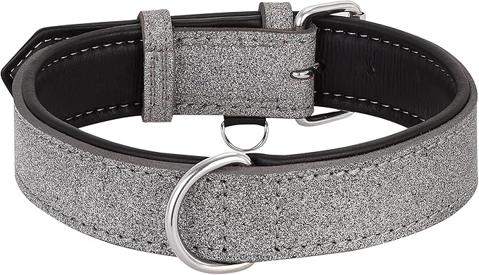 Riparo Adjustable Leather Dog Collar - Heavy Duty Wide Dog Collar for Small, Medium, Large and Extra Large Dogs with Dog Tag Holder (L: 1.5" Wide for 17"-21" Neck, Gray/White Thread)