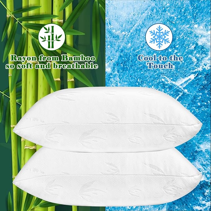 Cooling Bed Pillows for Sleeping 2 Pack, Shredded Memory Foam Pillows Queen Size Set of 2 - Adjustable Pillows for Side Back Sleepers with Cooling Washable Cover, Medium Firm Support Pillows