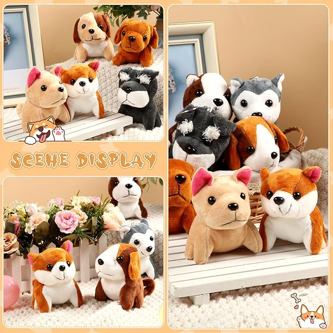 Sumind 9 Pcs 4" 5" Mini Plush Stuffed Dog Party Favor Small Puppy Stuffed Animal Bulk Soft Toy Doll Cute for Kids Gift Graduation Stocking Stuffers Baby Shower Birthday (Vibrant Puppy)