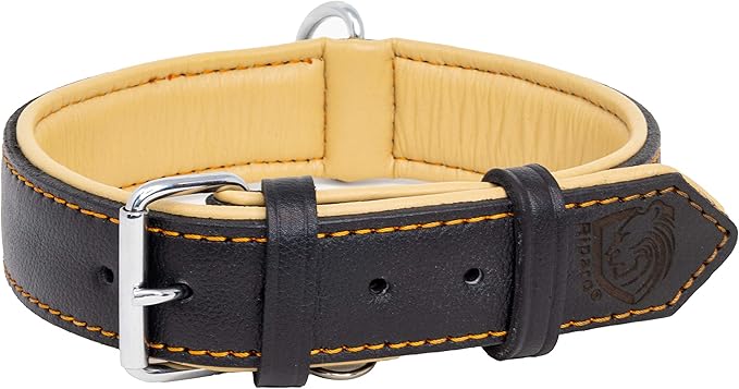 Riparo Dog Collars for Medium Dogs, Genuine Leather Dog Collar, Medium Dog Collar (M: 1" Wide for 13.5”-17.5” Neck, Black/Orange Thread)