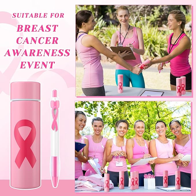 6 Pcs Breast Cancer Awareness Gifts Mini Thermal Stainless Steel Water Bottle With Pink Ribbon Pens 4.4 Oz Pink Ribbon Water Bottle Woman Inspirational Gift for Survivor (Pink)