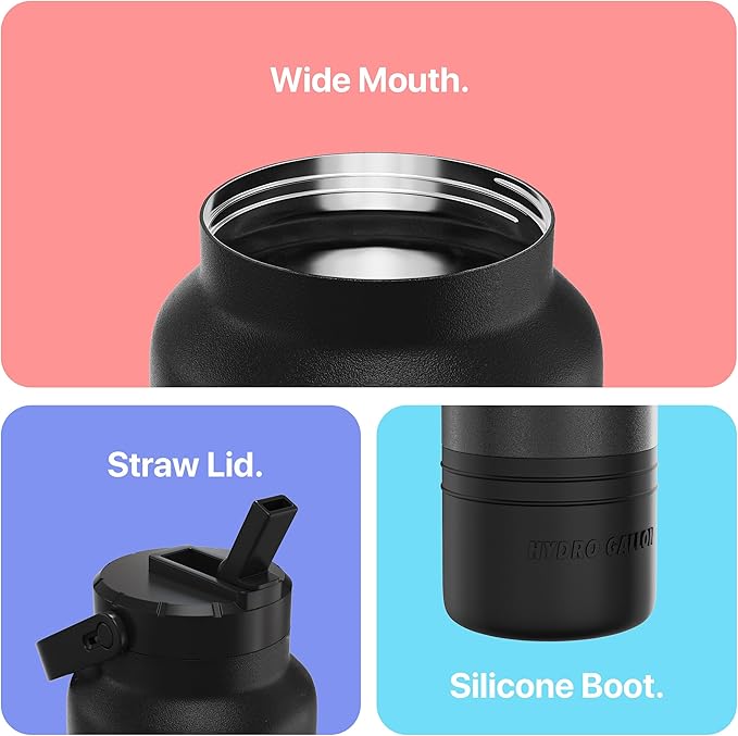 Hydro Gallon® Nomad Bottle - Insulated 64oz Half Gallon Water Bottle Jug with Straw Lid, Handle, Silicone Boot. Large Stainless Steel Metal Gym Thermos. Wide mouth, Leakproof, BPA free. 62oz (Black)