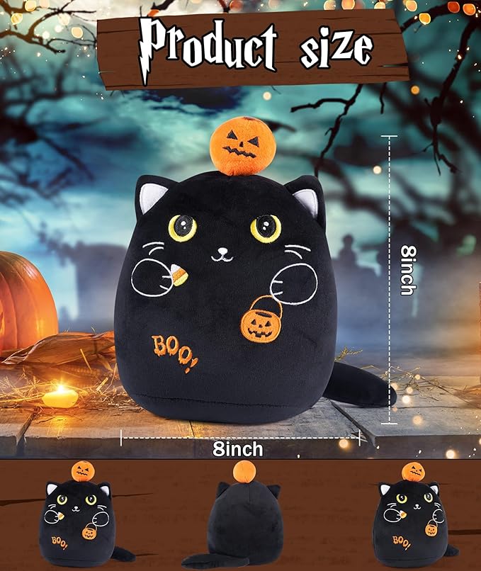 Christmas Eve Stuffed Cat Pumpkin Black Cat Plush Toy with Pumpkin, Cute Halloween Decor, Kids' Pillow, Gifts for Girls Boys, 10 Inch