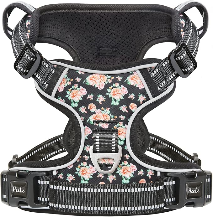 HEELE Dog Harness, No Pull Adjustable Padded Reflective Harness for Small Medium Large Dogs with Handle for Walking Training, Flower-Black, M