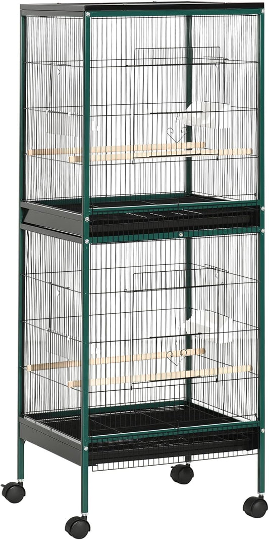 PawHut Large Bird Cage with 1.7 ft. Width for Wingspan, Bird Aviary Indoor with Multi-Door Design, Fit for a Canary, Finch, Conure, 55", Green