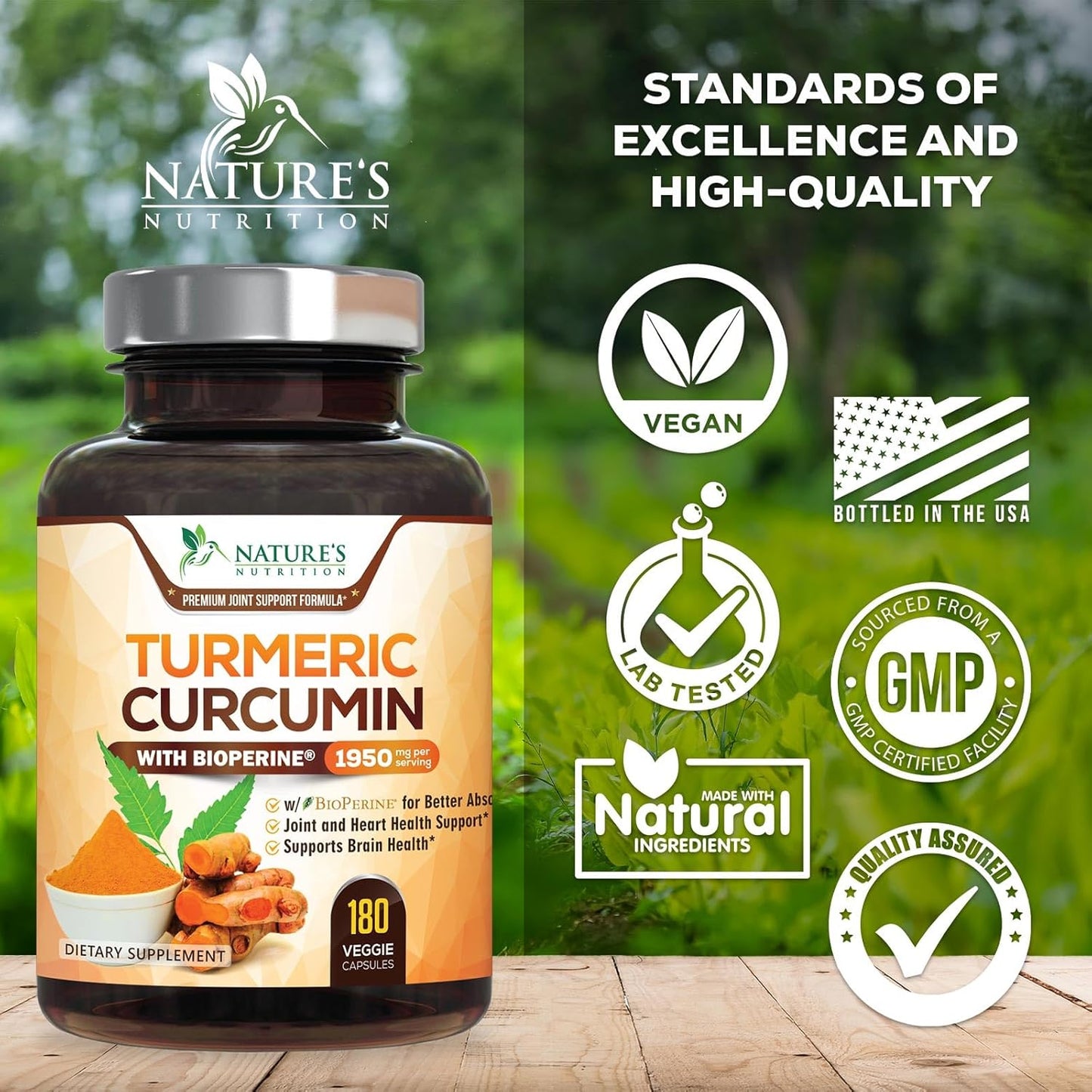 Turmeric Curcumin Supplement 1950mg - 95% Curcuminoids with Organic Turmeric & BioPerine Black Pepper Extract for Best Absorption, Nature's Vegan Joint Support, Non-GMO, Bottled in USA - 180 Capsules