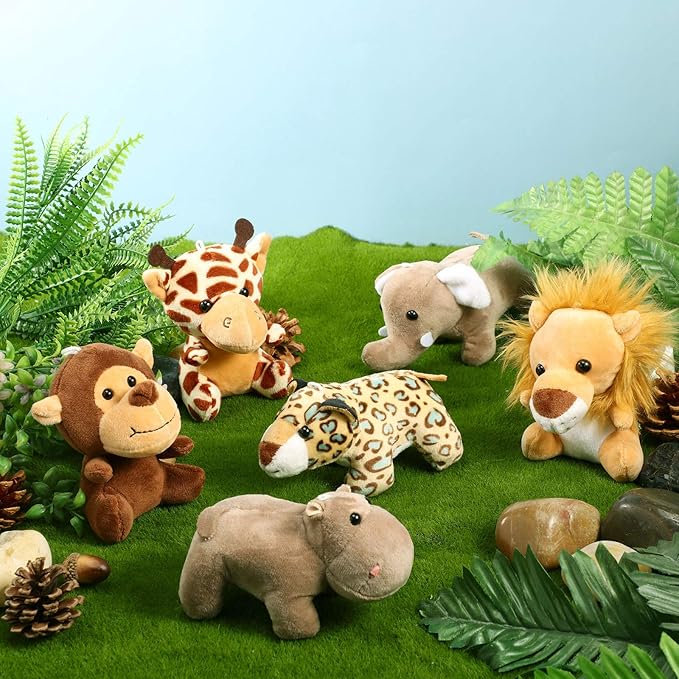 Sumind 12 Pieces Mini Stuffed Forest Animals Jungle Animal Plush Toys 4.8 Inch Cute Elephant Lion Giraffe Tiger Plush for Animal Themed Parties Achievement(Sitting, Lying)