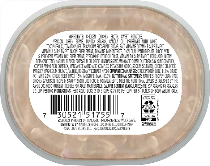 Nature’s Recipe Grain Free Wet Dog Food, Chicken & Venison Recipe, 2.75 Ounce Cup (Pack of 12)