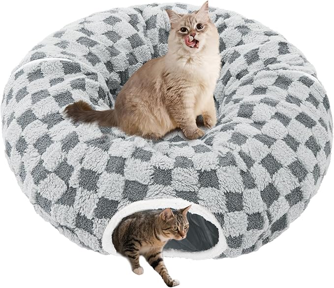 Homimp Cat Tunnel Bed with Central Mat, Large Tube Playground with Plush Ball Toy, Peekaboo Cat Cave with Washable Circle Cushion for Indoor Cats, Pop Up Bed HidePlace for Kitten Puppy Rabbit, Grey