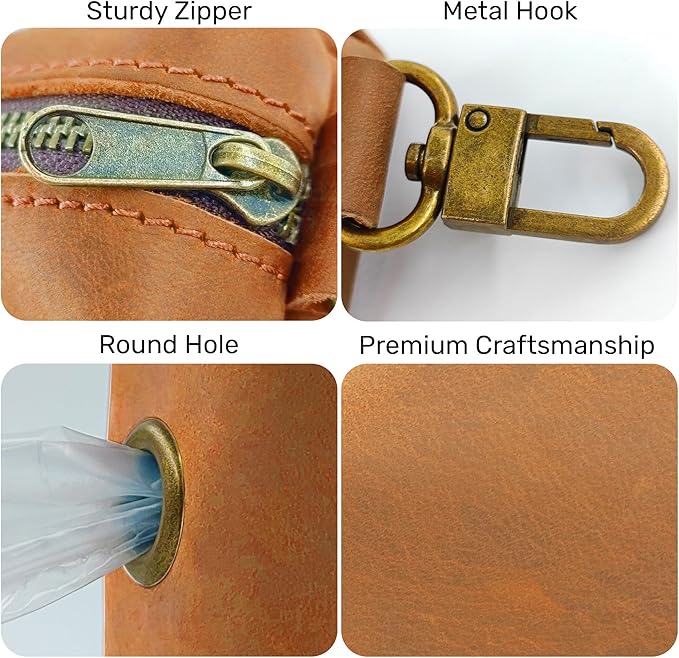 HIFA Genuine Leather Dog Leash Poop Bag Holder - Soft Touch Rustic Leather, Metal Clips, Easy Access to Pet Waste Bags - Outdoor Walking Dispenser