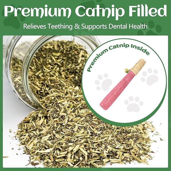 4 Pack Hand-Rolled Catnip Sticks with Chew Rope & Bell -Shaped Cat Toys for Indoor Cats and Kicker Toys, Teething Chew and Play Fun (Pink)