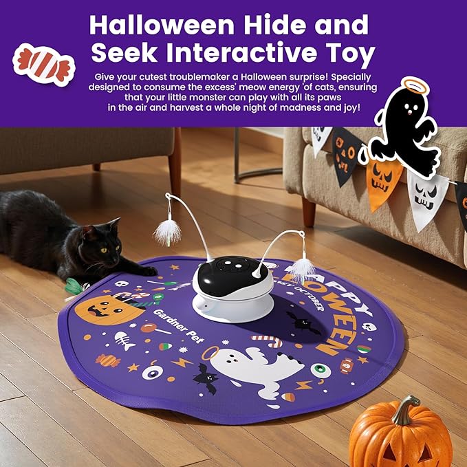 Gardner Pet Halloween Cat Laser Toys, Chargeable 5 in1 Hide and Seek Automatic Interactive Cat Toy, Moving Ambush Feather, Track Balls,Indoor Exercise Kicker 24 inch Cover for All Breeds, Chirping