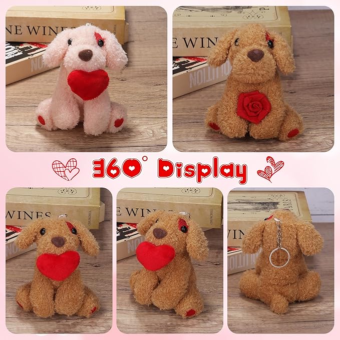 Elcoho 16 Pieces 4 Inches Mini Valentine's Day Plush Dogs Stuffed Puppy Dog with Keychain Cute Stuffed Animal Toy Soft Toys Valentine Party Favor for Goodie Bag Valentine Gifts, 8 Styles