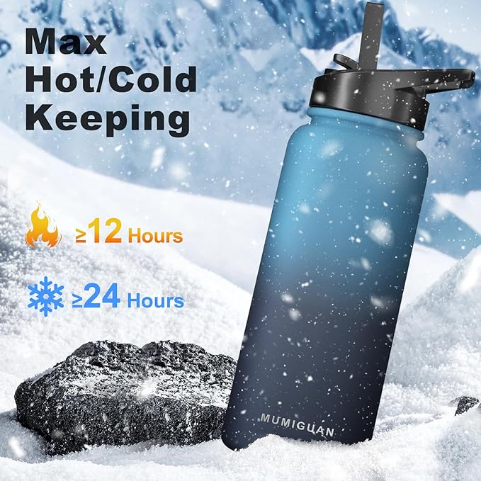32oz Insulated Water Bottle with 3 Lids(Straw, Hand and Spout Lid), Double Vacuum Stainless Steel Metal Water Flask(BPA-free, CPC) for Sports, Camping, Hiking, Cycling, Fitness and more(Indigo Black)