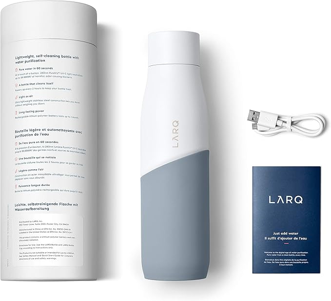 LARQ Bottle Movement PureVis 24 oz - Lightweight Self-Cleaning and Non-Insulated Stainless Steel Water Bottle with UV Water Purifier | Reusable & Travel Friendly, White/Pebble