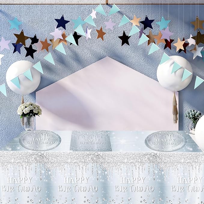 41 Pieces Silver Glitter Tableware Set, Happy Birthday Table Decorations Glitter Diamonds Silver Birthday Theme Dessert Plates Napkins Tablecloth for 20 Guests Silver Glitter Birthday Party Supplies