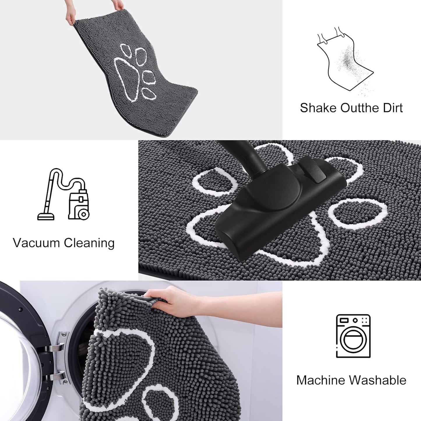 Smiry Dog Door Mat for Muddy Paws, Absorbent Dirt Trapper Non Slip Quick Dry Washable Chenille Mat for Mud Dogs, Entry Rug for Indoor and Outdoor (59x24 Inches, Dark Grey and White)