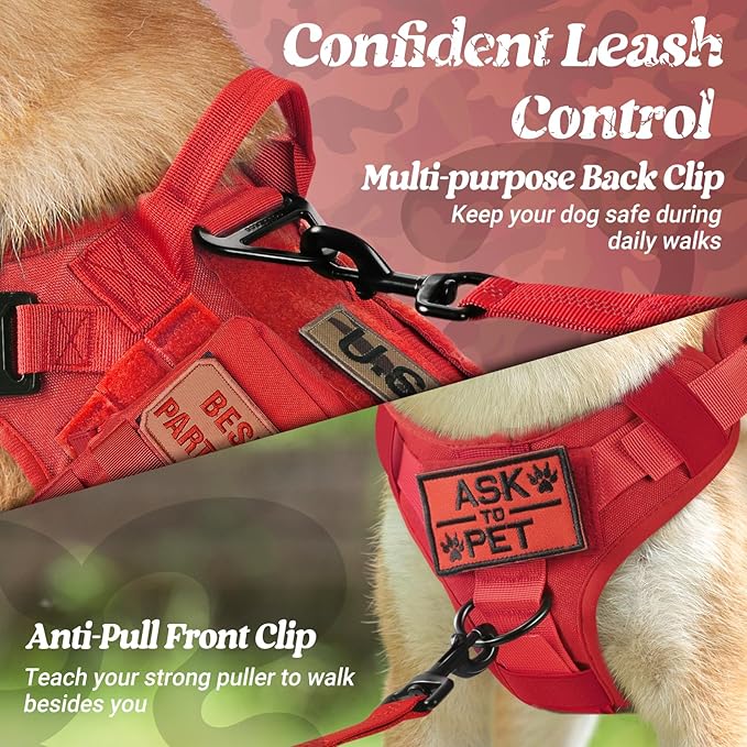rabbitgoo Tactical Dog Harness Medium Sized, Heavy Duty Pet Harness with Handle, No-Pull Service Vest Medium Breed, Adjustable Military Dog Vest for Training Hunting Walking, Red, M