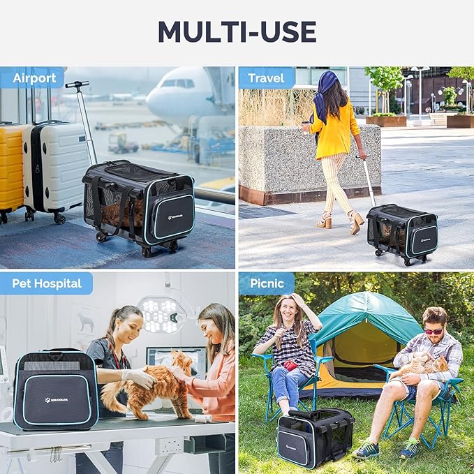 MIU Color Rolling Pet Carrier with Wheels Under 15 lbs, Airline Approved Foldable Soft Carrier for Small Dogs and Cats, Dog Carrier with Wheels for Car Road Trips Travel Camping Outdoor