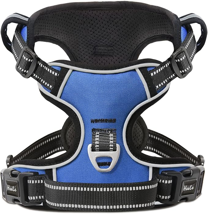 HEELE Dog Harness, No Pull Adjustable Padded Reflective Harness for Small Medium Large Dogs with Handle for Walking Training, Blue, L