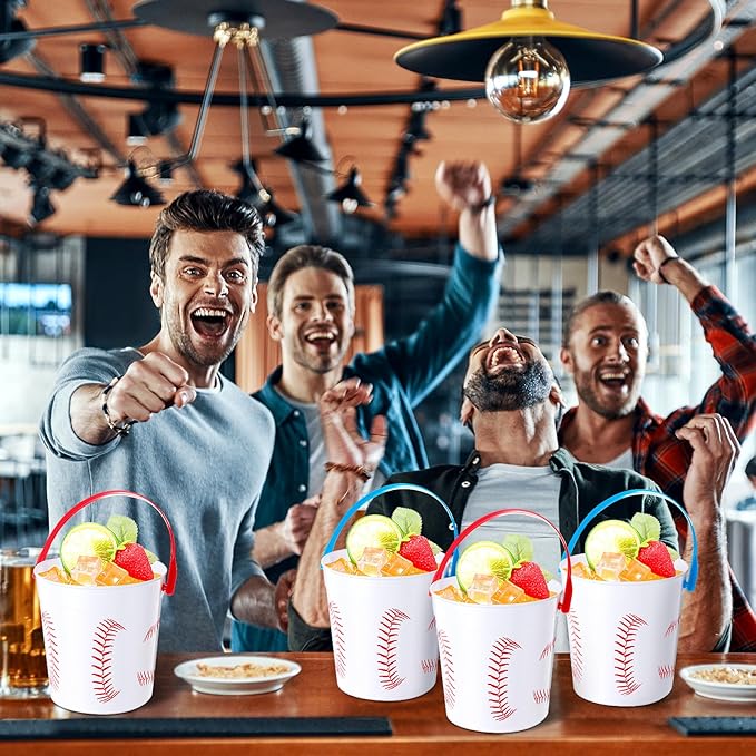 Mifoci Baseball Small Plastic Bucket with Handles 34 oz Versatile Baseball Treat Bucket Baseball Ice Bucket Bulk for Wine Beverage Baseball Party Bar Alcohol Beer Snack Drink Pail Gifts(20 Pcs)