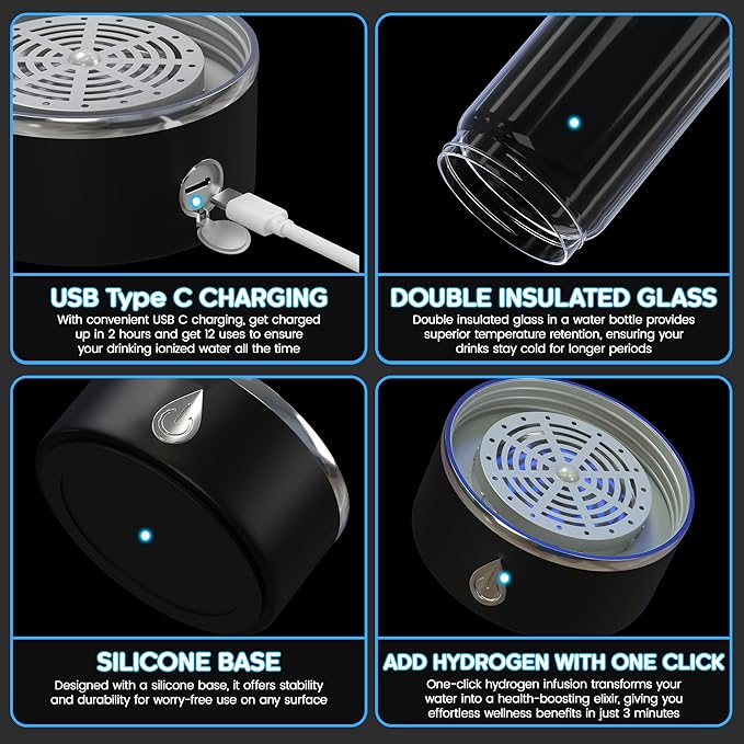 Hydrogen Water Bottle, Hydrogen Water Bottle Generator with Removable Strap and Infuser, 3 Minute Rapid Electrolysis, Portable for Daily Use - Black