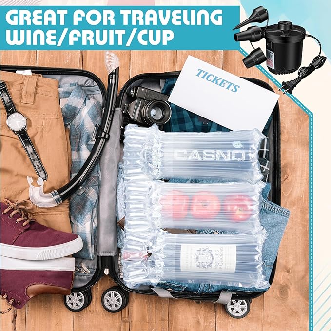 300 Pcs Wine Bottle Travel Protector Bags, Inflatable Air Column Packaging Bubble Bag with Reusable Inflator Pump, Reusable Wine Bottle Protector Air Cushion Bags for Travel Shipping