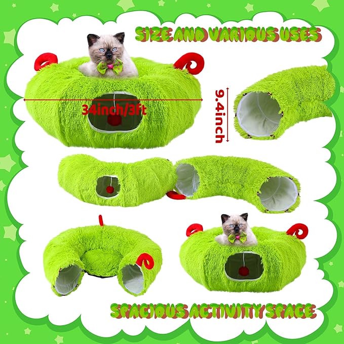 Frienda Christmas Cat Tunnel Bed Under Christmas Tree Lime Green Cat Donut Tunnel 3ft x 3ft x 9.4in Elf Tree Skirt Peekaboo Circle Cave Toy Winter Decor for Kitten Kitty Puppy Rabbit Ferret Gift