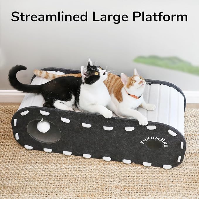 FUKUMARU Cat Beds for Indoor Pets, 31.5 Inches Extra-Large Cat Cave for Multi-Pet, Cozy House with Fluffy Ball Hanging, Scratch Resistant Felt Kitten Hideaway Bed, Feline Tunnel, Grey
