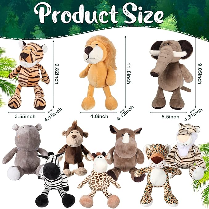 HyDren 10 Pcs Safari Stuffed Animals Plush Jungle Animal Toys for Girls Boys, Elephant Giraffe Lion Tiger Monkey Rhinoceros Zebra White Tiger Leopard Hippo for School Achievement Award