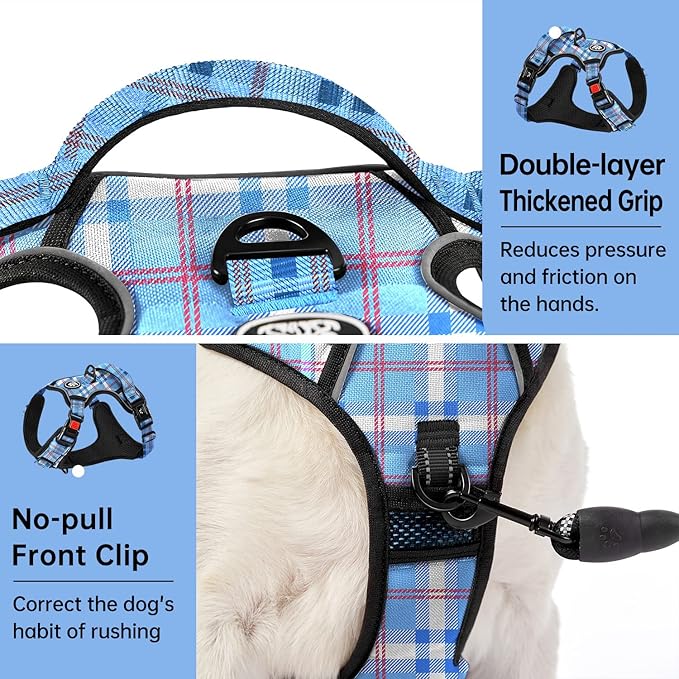 IVY&LANE No Pull Dog Harness with Leash Set, Reflective No Choke Pet Vest,Adjustable Oxford Dog Vest Harness with Easy Control Handle for Large Dogs (Checkered Blue,XL)