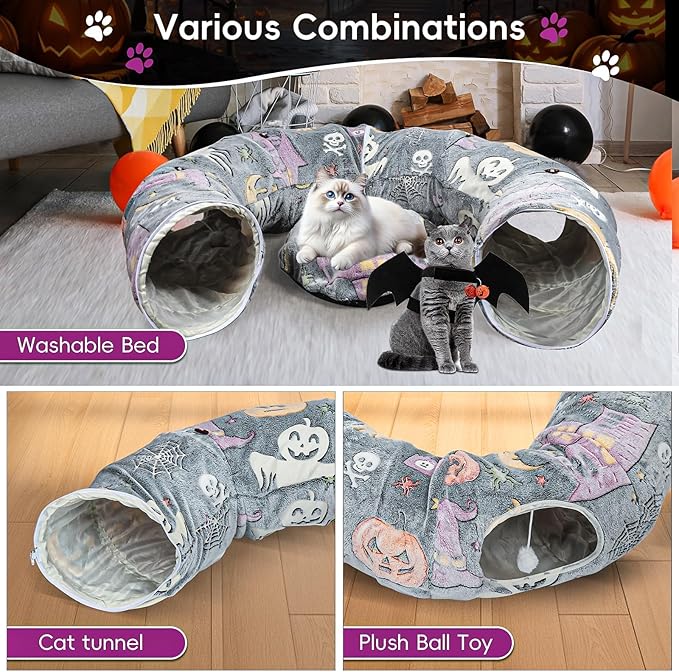 Tidjani Halloween Cat Tunnel Bed, Cat Tunnels for Indoor Cats with Bat Wings, Foldable Pet Donut Bed with Middle Mat and Dangling Balls, Pet Play Toy with Ghost, Spider Web Pattern Decorations