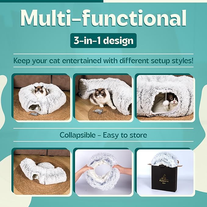 Cat Tunnel Bed for Indoor Cats with Premium Soft Fabric Interior - Upgraded Materials - Large Donut Cat Tunnel, Cat Cave and Hiding Spot, Kitten Doughnut Tunnel, Tunnel Toy Bundle for Cats