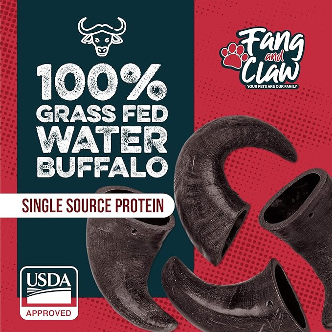 Water Buffalo Horn Dog Chew 4 Pack - Large 8" - All Natural Free Range Grass Fed Single Source Protein - No Chemicals, Additives, Hormones - Long Lasting, Good for Aggressive Chewers – by Fang & Claw