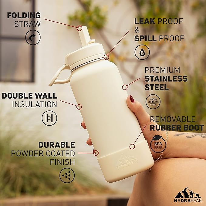 Hydrapeak 26oz Sport Insulated Water Bottle with Straw or Chug Lid, Leak & Spill Proof, Keeps Drinks Cold for 24 Hours, Hot for 12 Hours, Premium Stainless Steel Water Bottles (26oz, Belize)