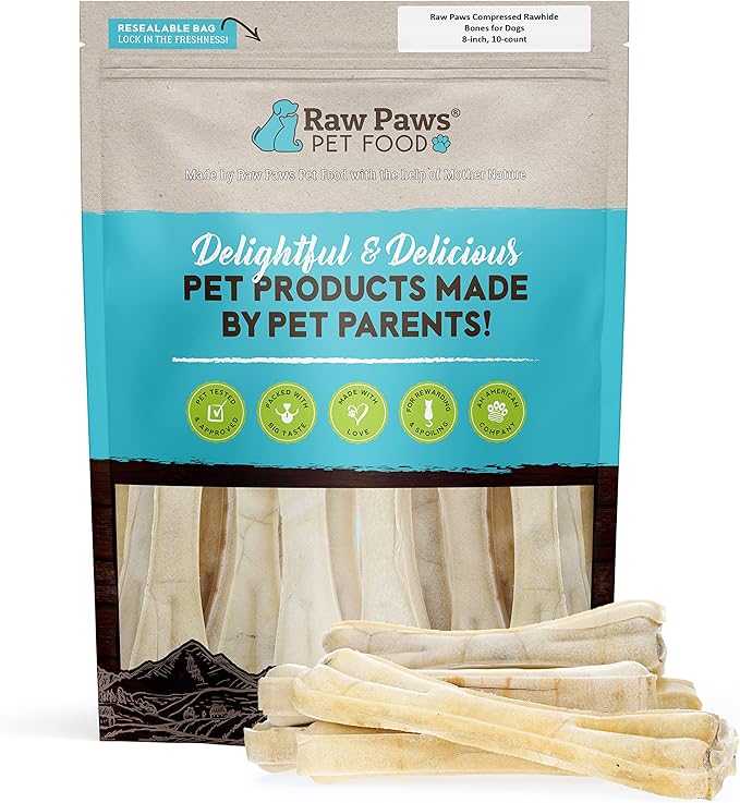 Raw Paws Compressed Rawhide Bones for Dogs, 8-inch, 10-Count - Packed in USA - Long Lasting Dog Chews - Natural Pressed Rawhides - Rawhide for Large Dogs - Raw Hide Bones for Aggressive Chewers